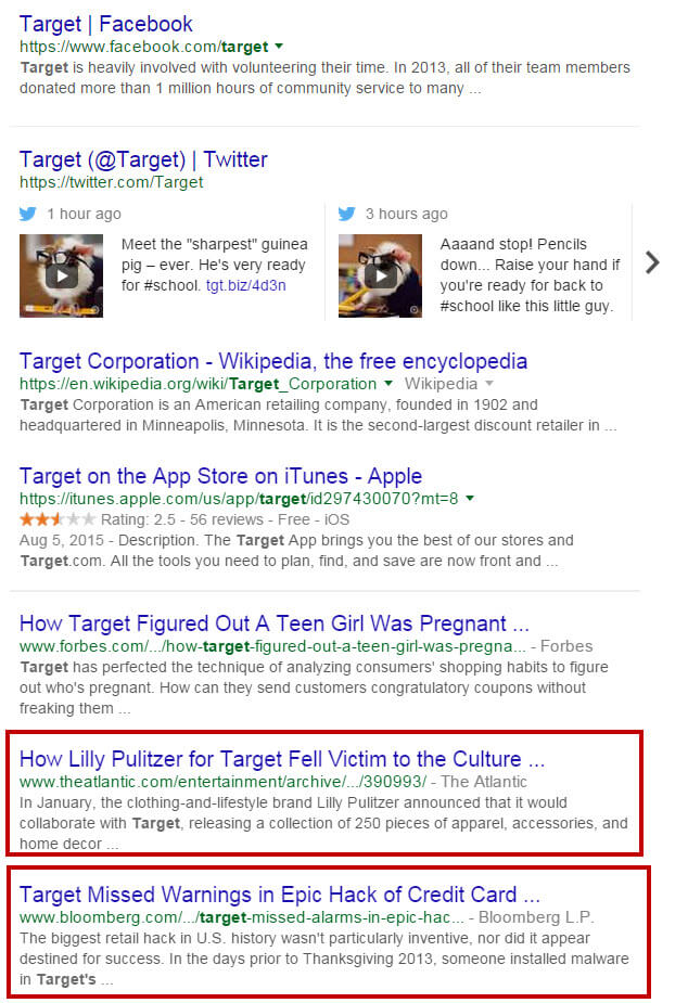Эта страница результатов поиска для Target полна негативной рекламы (включая освещение новостей и низкий обзор их приложения iTunes) и содержит ссылки только на два социальных профиля, их учетные записи Facebook и Twitter