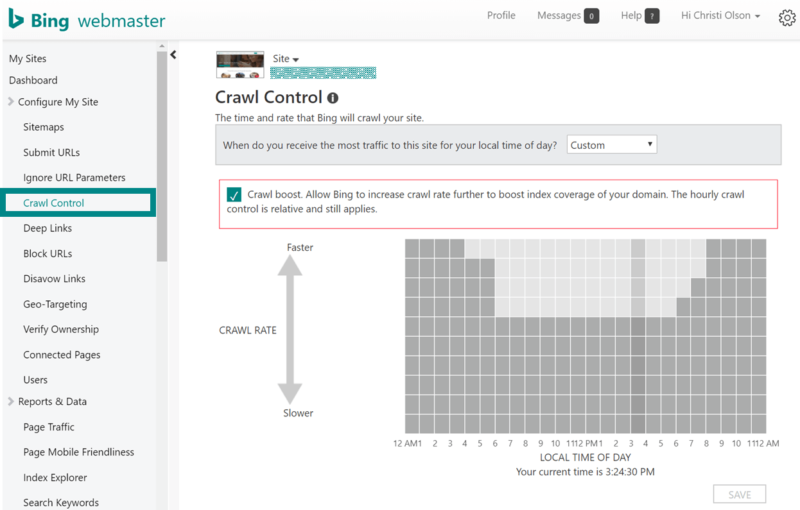 Функция Crawl Control дает вам возможность сказать Bingbot сканировать ваш сайт быстрее или медленнее с каждым часом