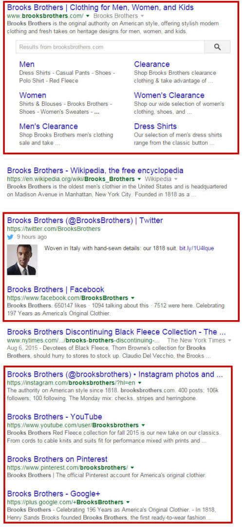 Эта страница результатов поиска для «Братьев Брукс» полна ссылок на свойства, которыми управляет бренд, включая многочисленные профили в социальных сетях