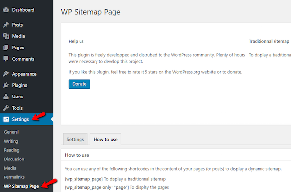 Пасля завяршэння ўстаноўкі убудова вы можаце перайсці да Налады> WP Sitemap Page, каб наладзіць яго