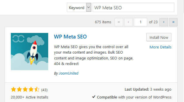 wybierz Zainstaluj teraz, a następnie aktywuj , zauważysz, że nowy element menu o nazwie WP Meta SEO jest teraz na pasku narzędzi WordPress